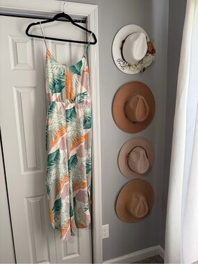VICI Tropical Leaf Jumpsuit in Teal, Coral & Cream